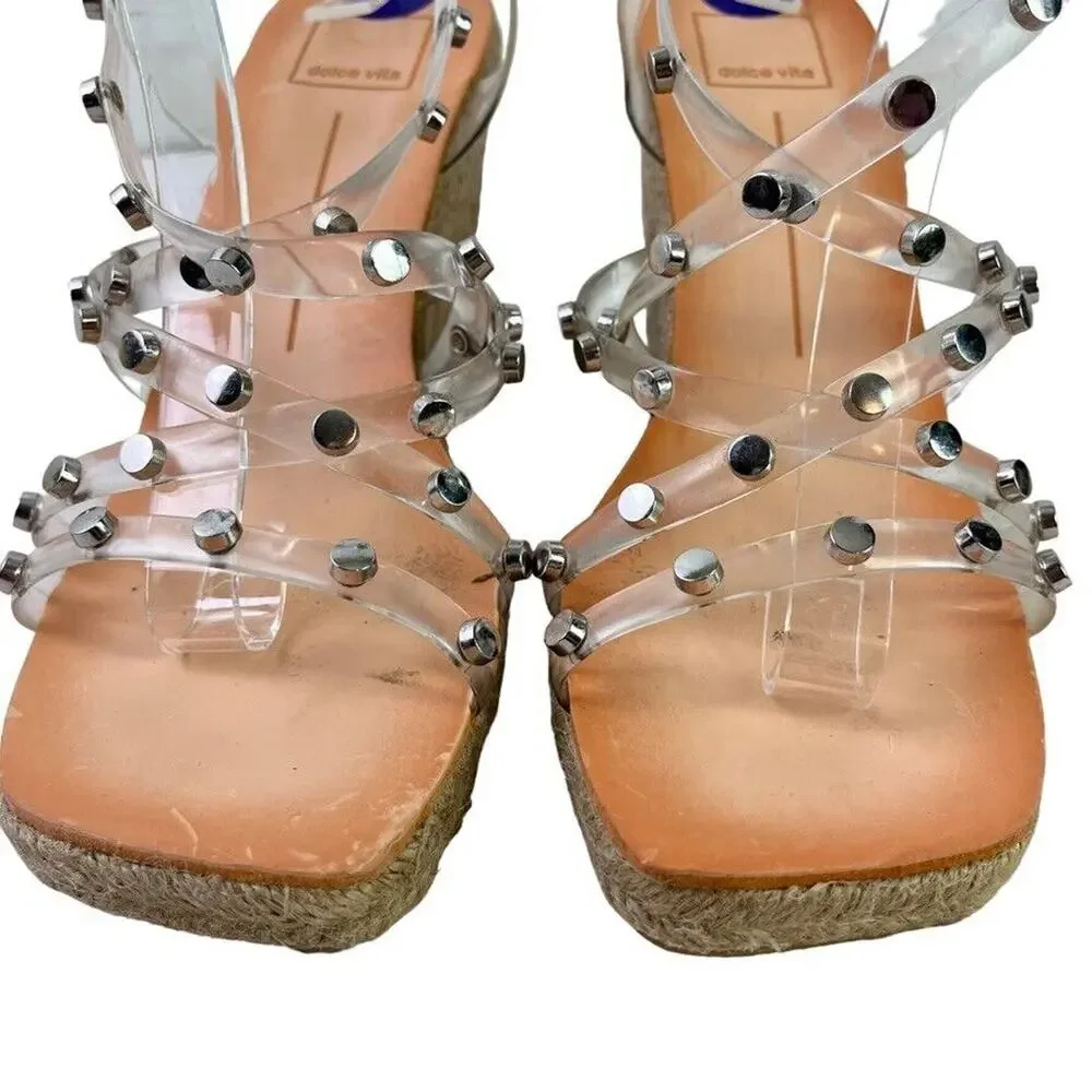 Dolce Vita Maxton Espadrille Womens Clear Studded Wedge Sandals Square Toe 8.5